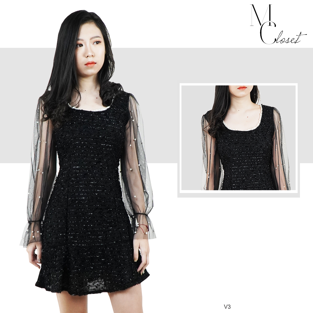 Váy Dạ Tay Đen Voan Đính Ngọc